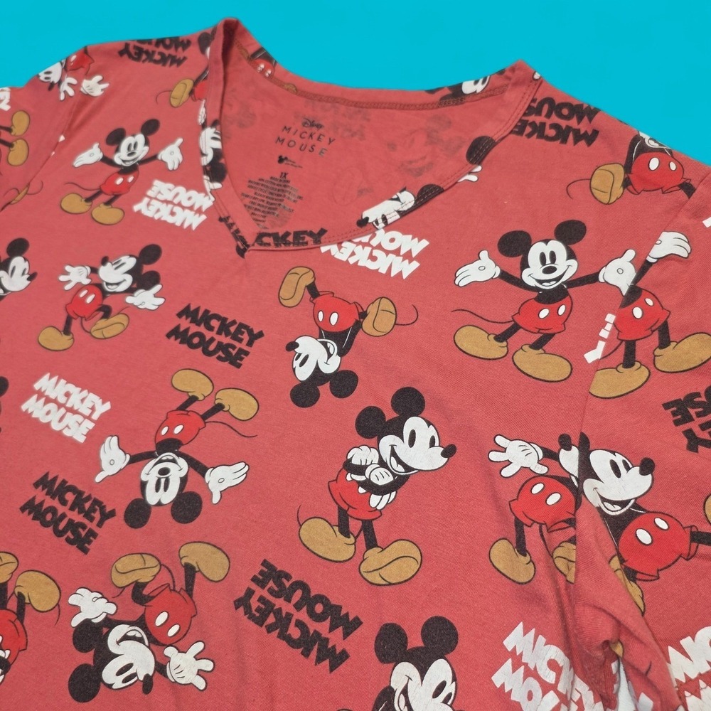 Disneycore Mickey Mouse All Over Print Red V Neck T Shirt Sz 1X Retro Disneyland